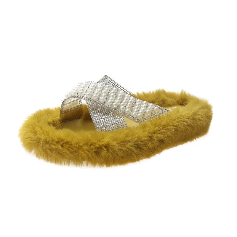 

2021 New Fashion Ladies Winter Slippers Candy Color Open Toe Plush Pearl Rhinestone Cross Strap Flat Ladies Fur Slippers