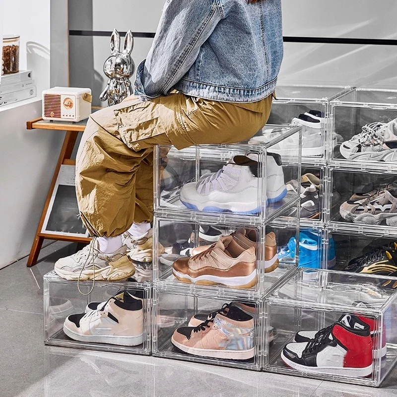Clear Transparent Sneaker Display Case Hot Sale Drop Front Shoe Rack Box Stackable Plastic Shoe Storage Kitchen Garage Bag Tool