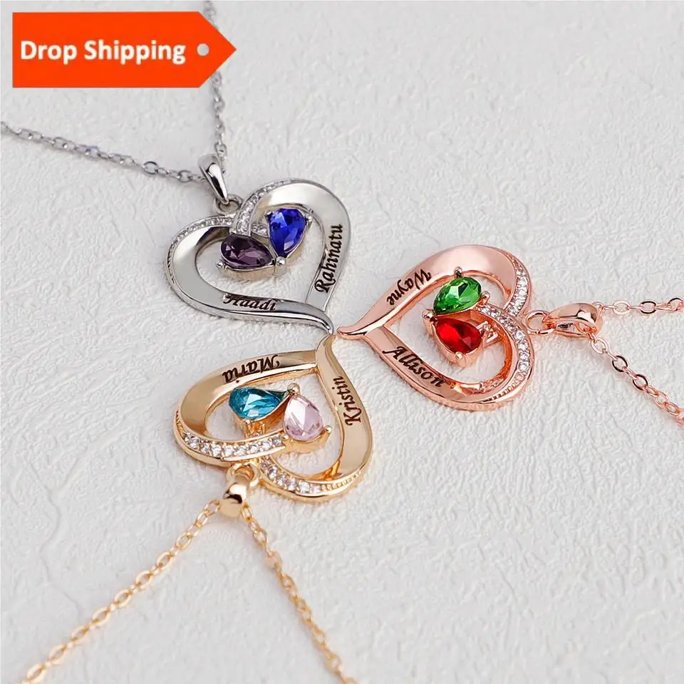 

Customized Engraved Name Heart Pendant Necklace With Birthstones