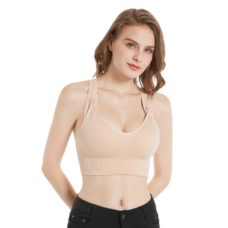 

New Design Comfortable Breathable Upper Opening Buckle Seamless Gym Nursing Bra, Black and beige