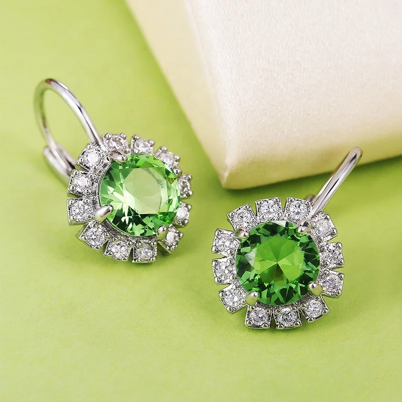

CAOSHI Beautiful Big Round Emerald Sun Flower Gemstone Zircon Stud Earrings Girls Green Flower Dainty Earrings Women 925 Silver