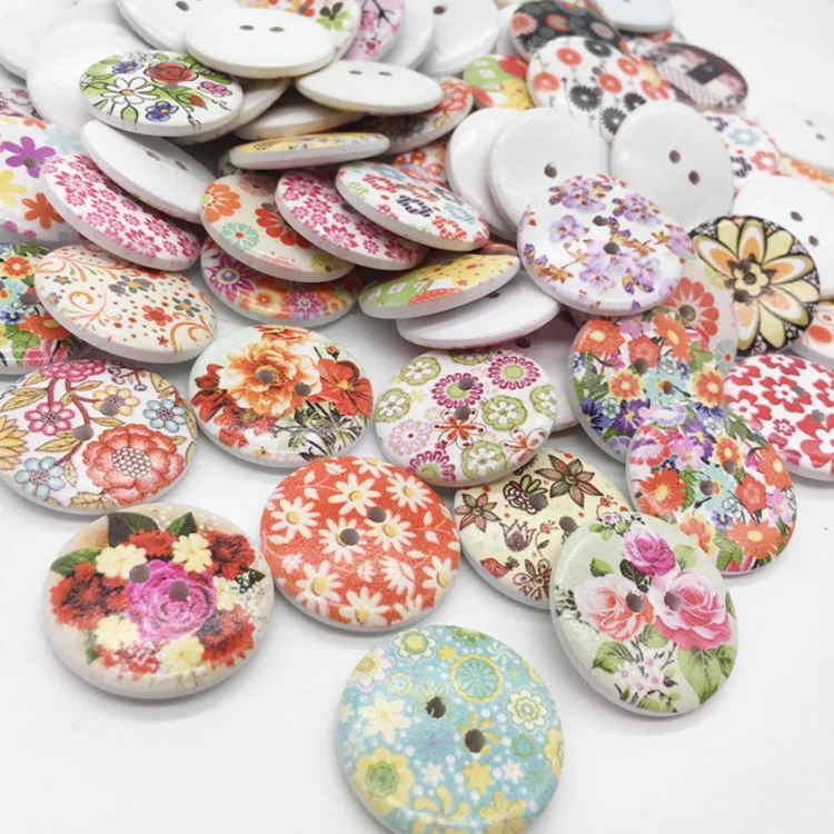 

hot sale 2 holes 1.5cm flower printed round wood buttons for kids clothes
