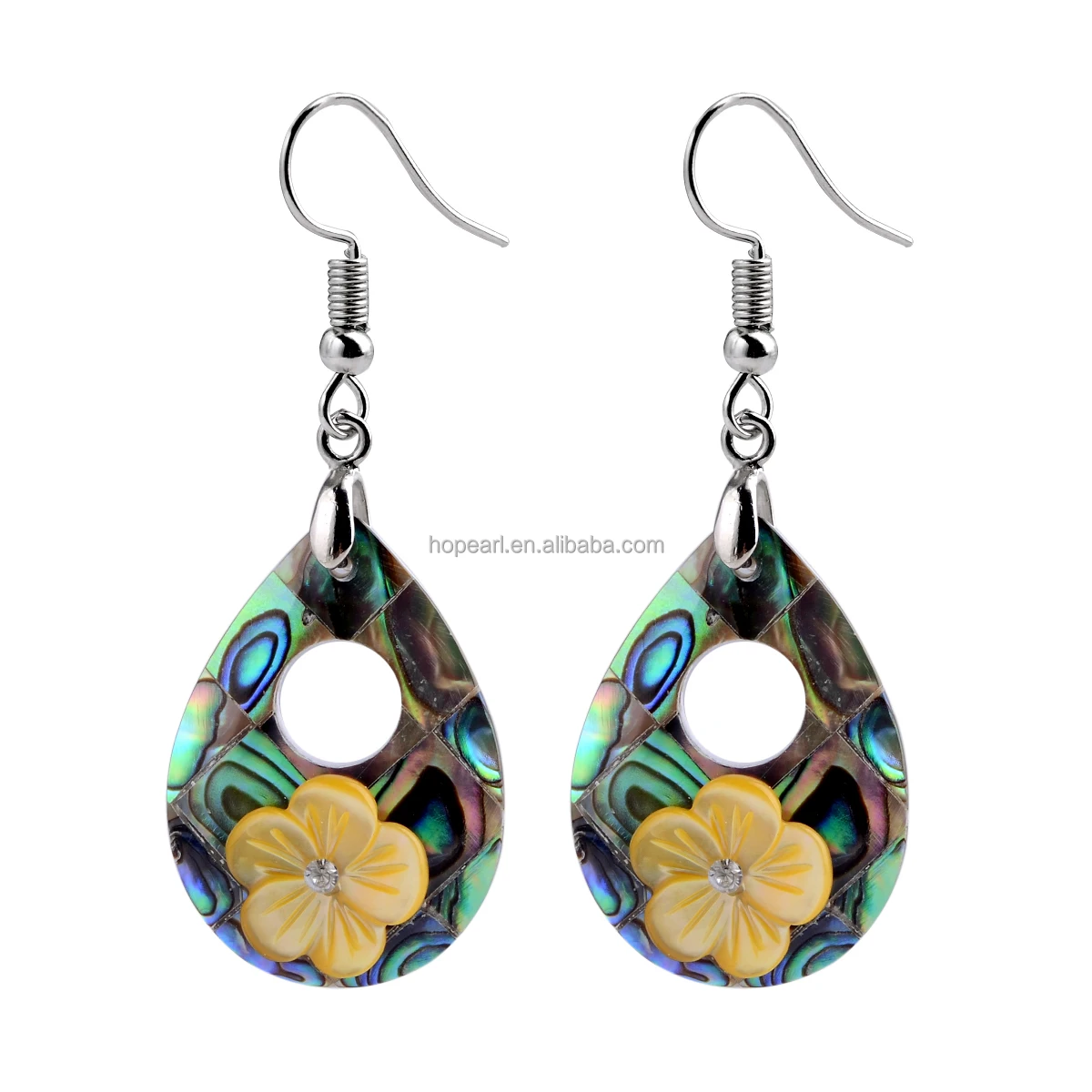 

MOP156 Women Girls Jewelry Water Drop Shape Earrings Paua Shell with Yellow Flower
