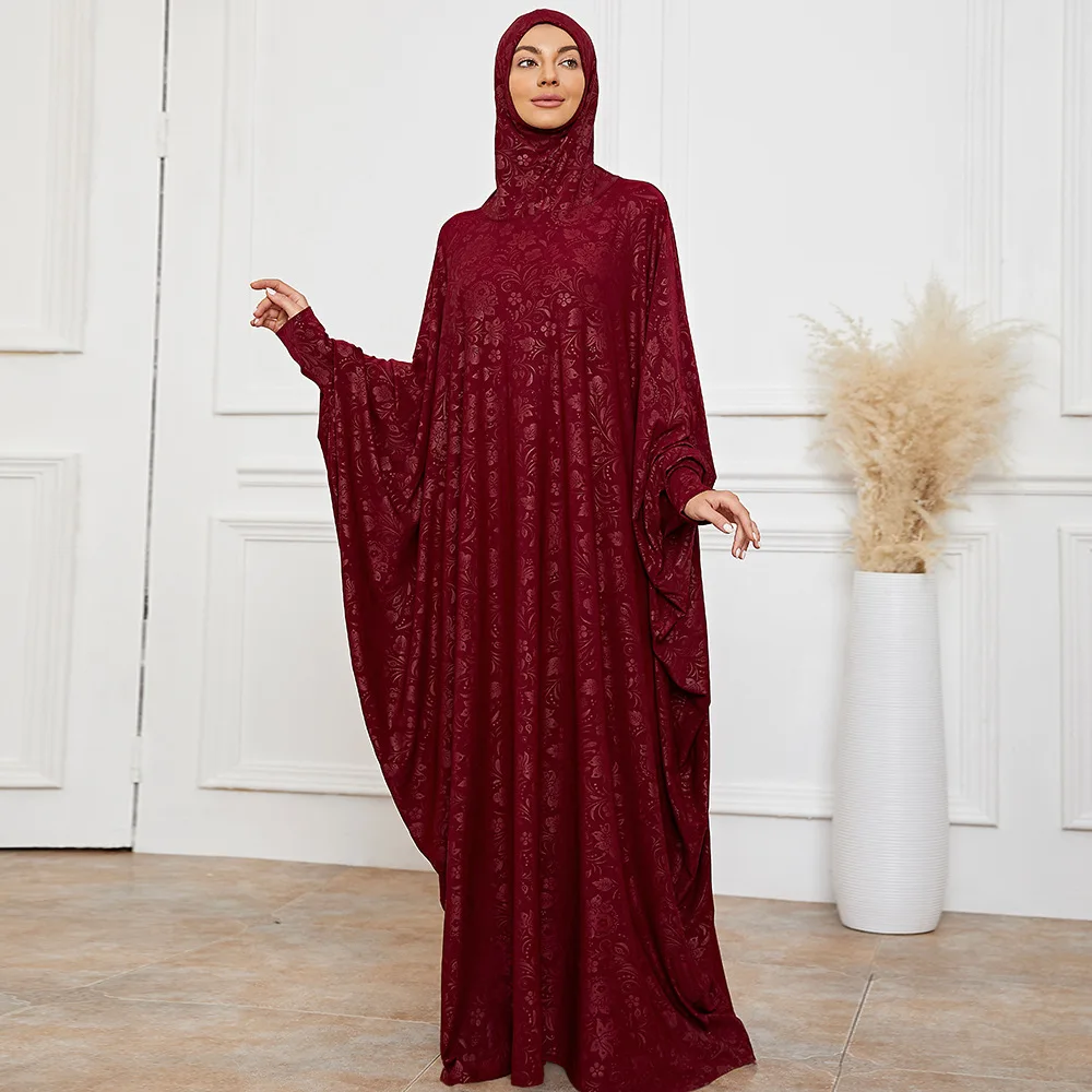 

2263 wholesale traditional islamic Worship clothing Jacquard muslim jilbab eid abaya muslim prayer dress women abaya, Burgundy
