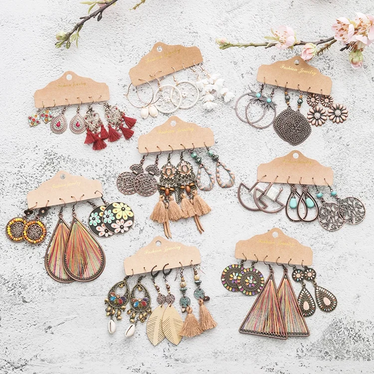 

2020 Fashion Perfect Vintage Dangle Drop Bundles Sundry Ethnic Boho Tassel Crystal Earrings Sets Jewelry Accessories for Women