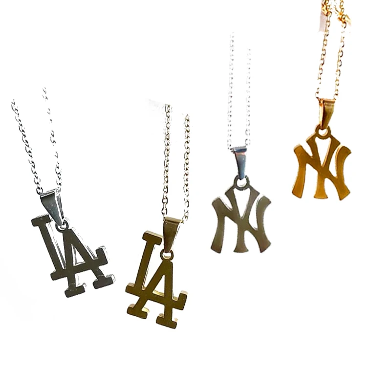 

Street Style Baseball Charm New York Yankee Necklaces Stainless Steel Gold La Initials Pendant Chain Vintage Swoosh Necklace