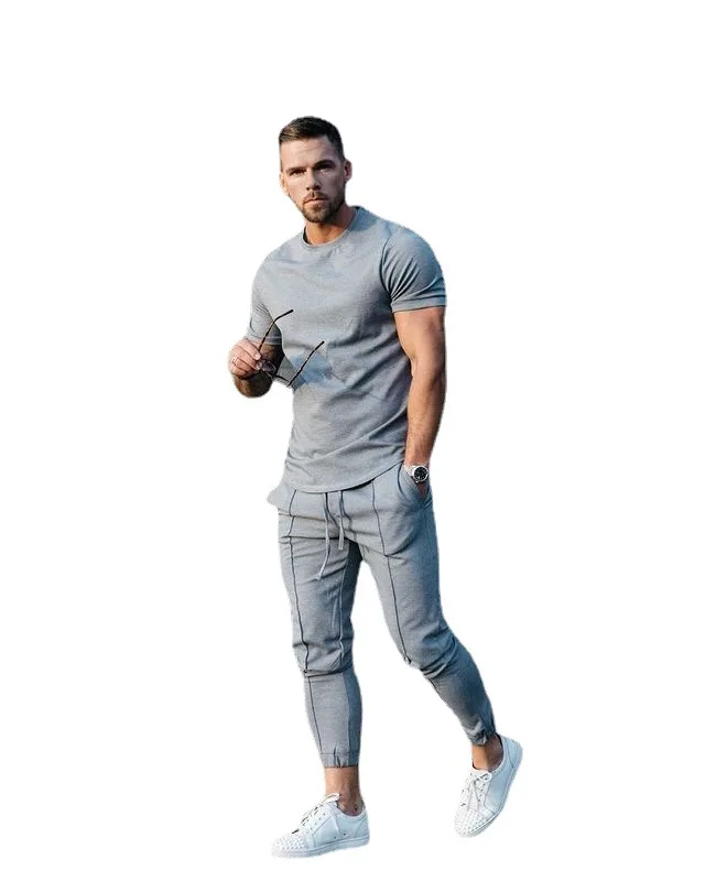 

J&H fashion dropshipping cotton grey outfits 2 piece set mens short sleeve shirt and joggers streetwear, 2 colors as picture