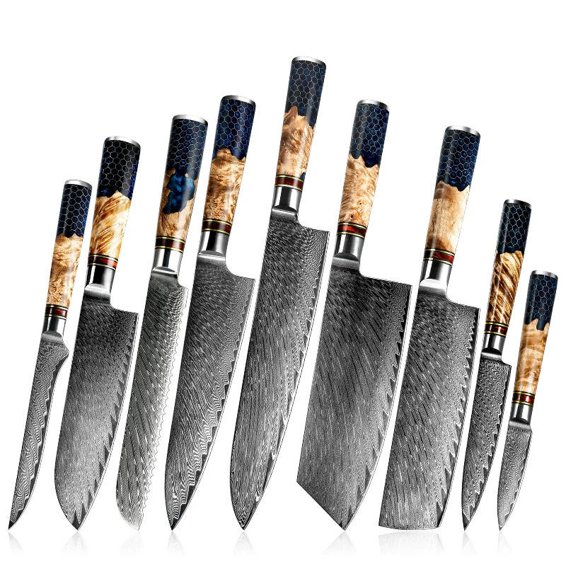 Image of New 9PCS Solidfied wooden with resin honeycomb Handle Damascus VG10 67 Layers Chef Butcher Utility Bread Paring Kitchen Knife