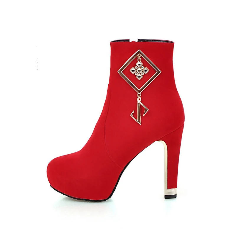 

Hot Sale Winter Boot Heel Ankle Boots Women's Suede Leather High Heel Boot, Black/red/yellow