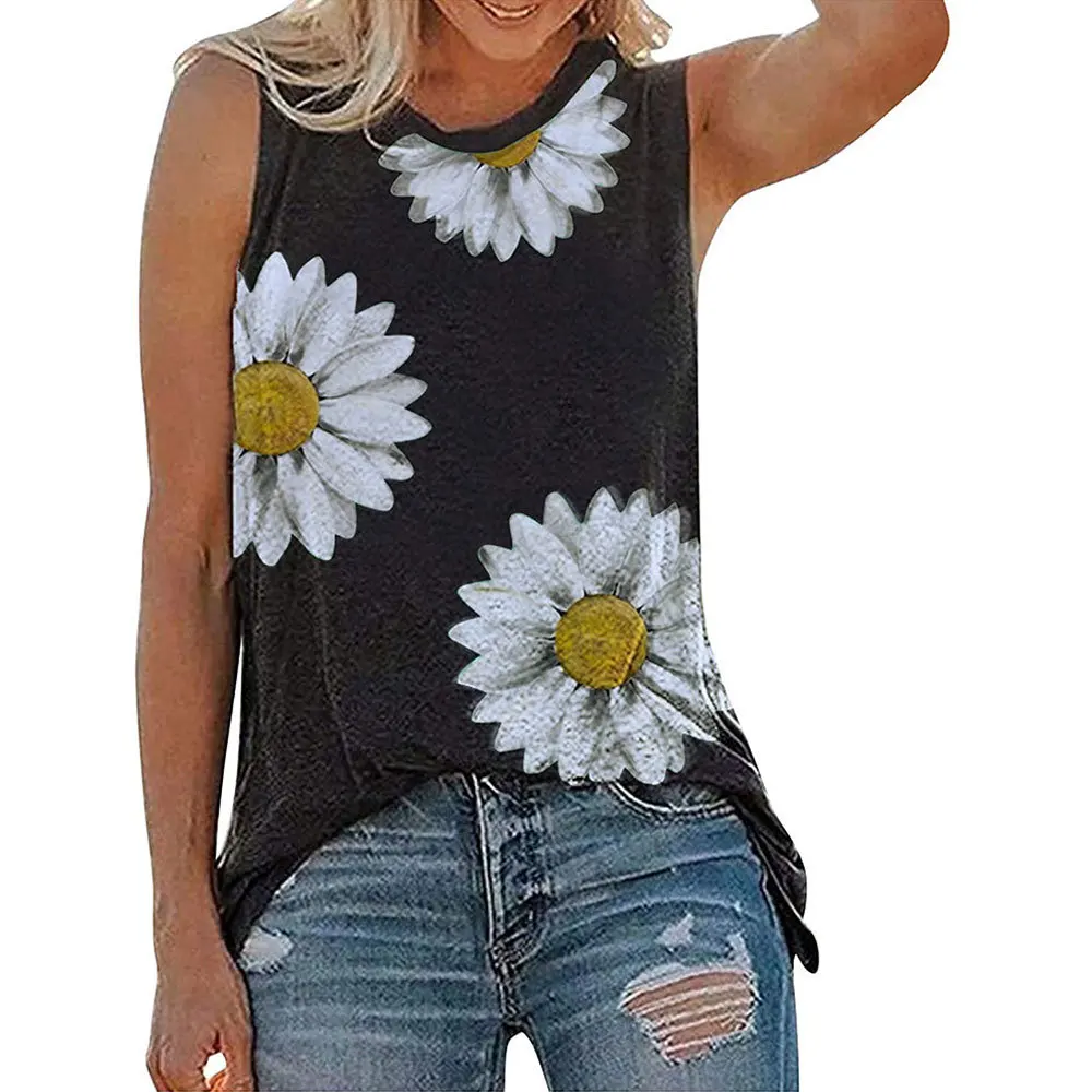 

AMAZON HOT SELLINGS S-2XL Womens Sunflower Cute Printed Vest Tshirt Sleeveless Blouse Casual Summer Tank Top Tunic Tee, Casual black white