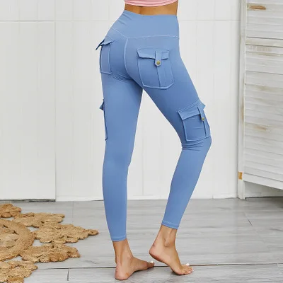 

F21053A wholesale multi-pockets High-waisted yoga pants with legs tied up and sexy high-bounce workout pants, Pink, blue , navy , green