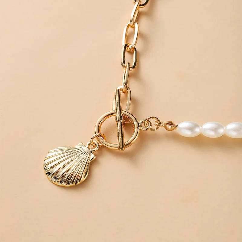 product-14K Gold Chain Shell Pendant On Necklace With Imitation Pearl Chain And Buckle-BEYALY-img-1