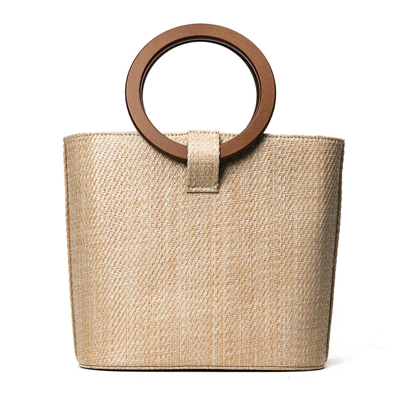

Hot Sale Faux Straw Plastic PP Fabric Women Lady Handbags with Wooden Round Handle