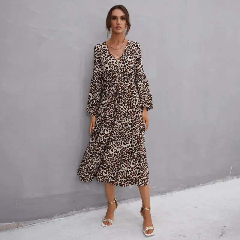 

Animal Print Dress Leopard Maxi Dress V Neck Long Sleeve Fall Clothing Woman Casual Wear Ladies Dress