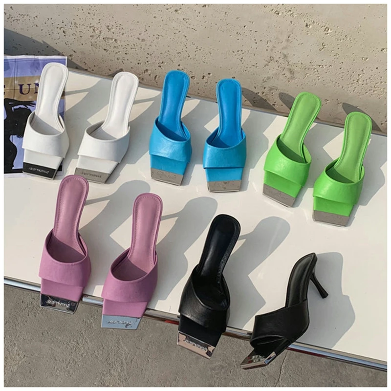 

2021 New Brand Thin High Heels Slippers Ladies Elegant Slip On Mule Shoes Leisure Outdoor Sandals Shoes Slides Flip Flop