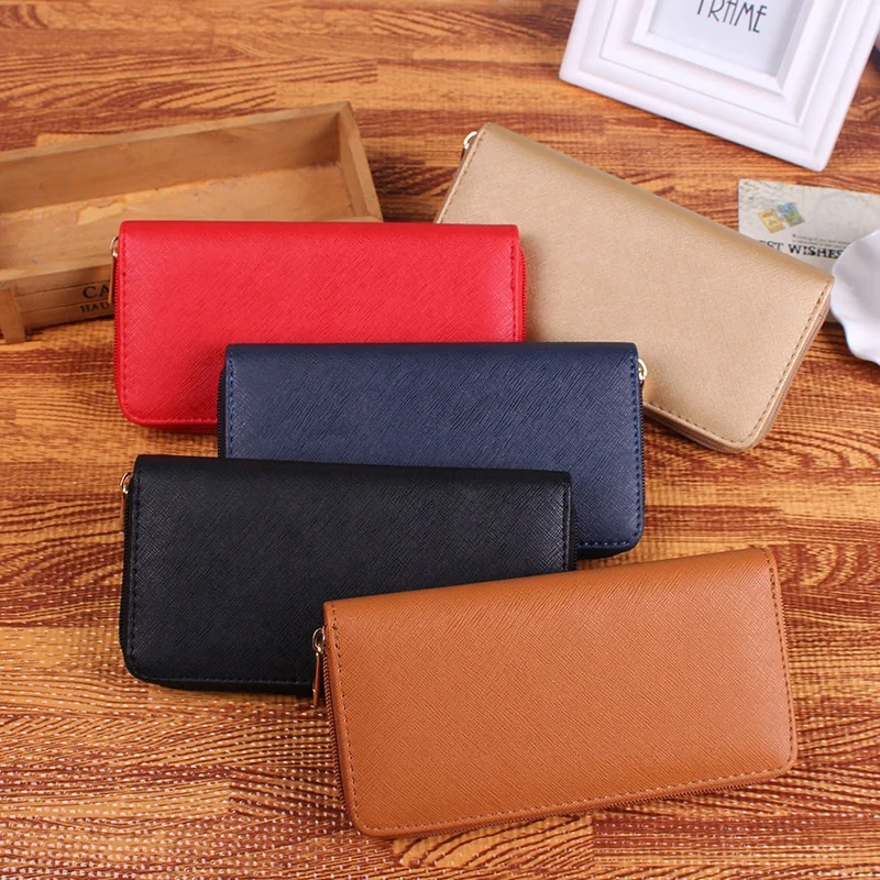 

Saffiano Pattern PU Leather Zipper Purse Women Solid Long Single Zip Around Wallet, Various color