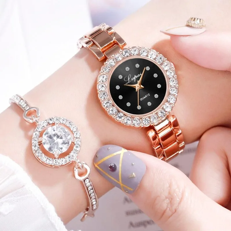 

Luxury Women Rose Gold 2pcs Bracelet Watch Set Jewelry Ladies Female Casual Quartz Wristwatches FW021, 4 different colors as picture