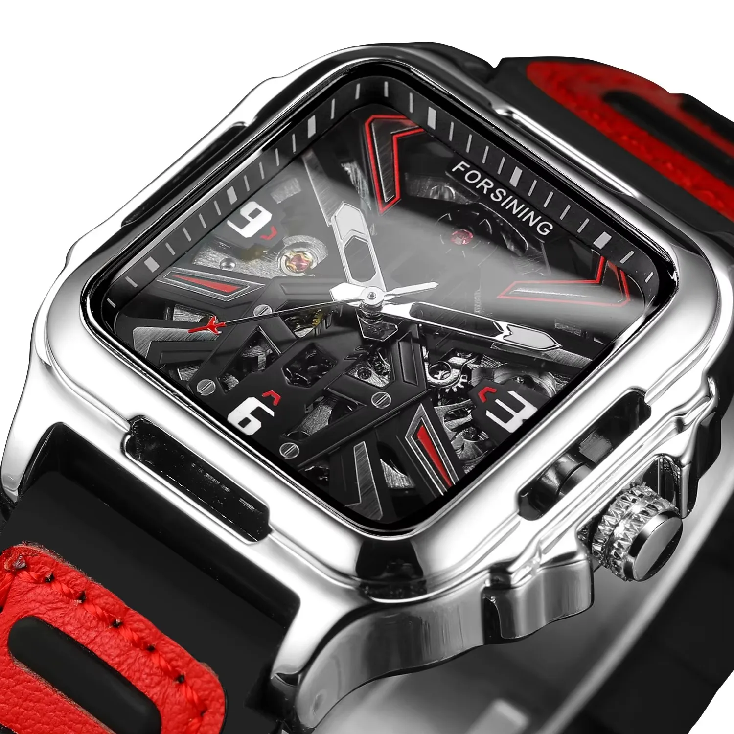 FORSINING Mechanical Watch for Men Square Skeleton Automatic Movement Wrist Watch Man Sport Rubber Band Luxury Watches Montre