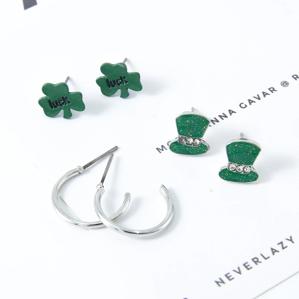 

Veijer Trendy Jewelry Green Four Leaf Clover Cute Green Hat Girls Flower Stud Earrings Silver Hoop Earrings