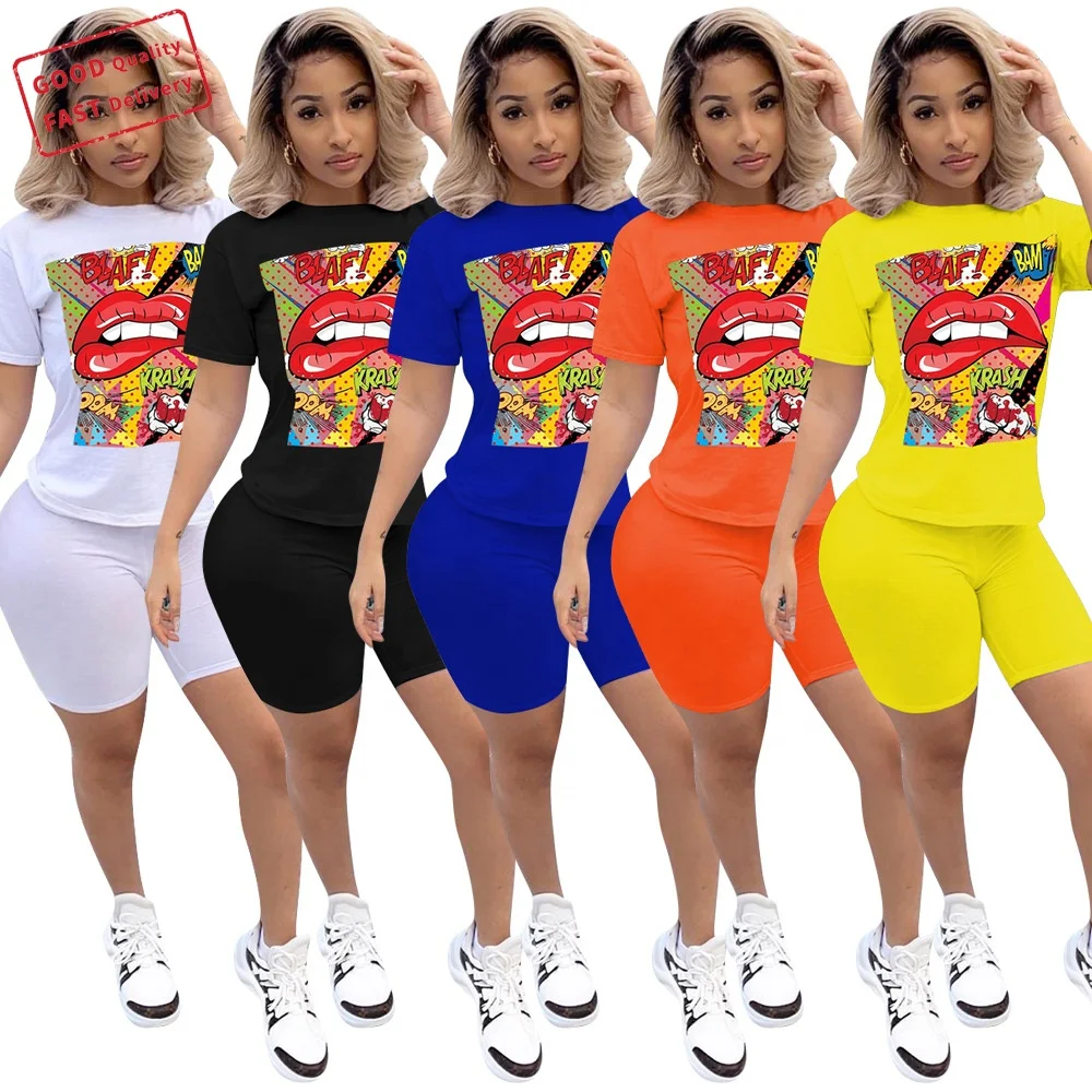 

GQ2460 hot sale short sleeve two piece short set lips printed two piece jogger set sports casual two piece set, Picture