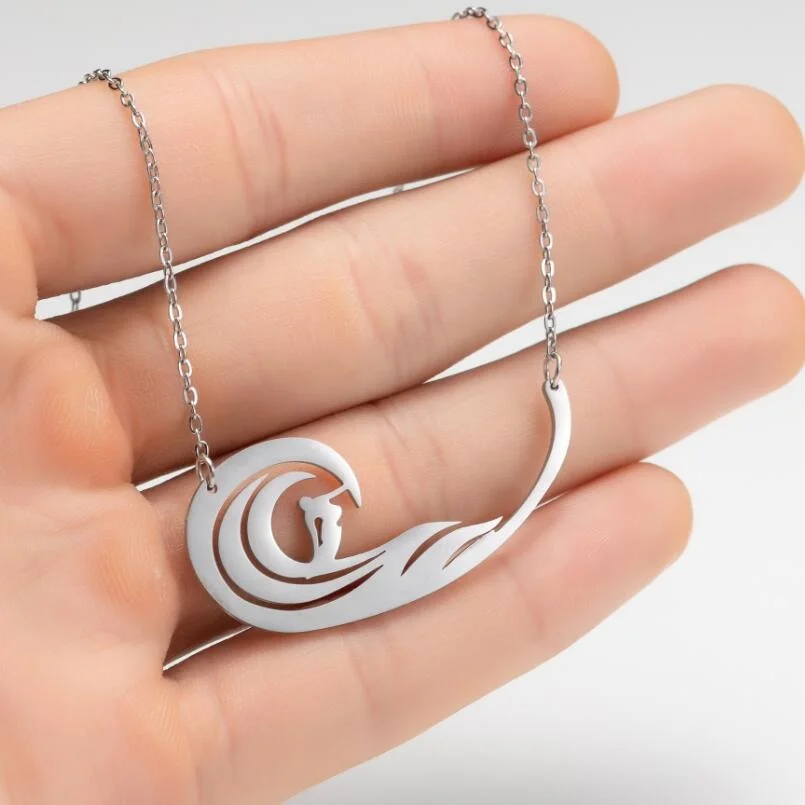 

2020 New In the Wave Surfing Stainless Steel Necklace Fashion Ocean Wave Pendant Necklace Women Beach Surfing Jewelry