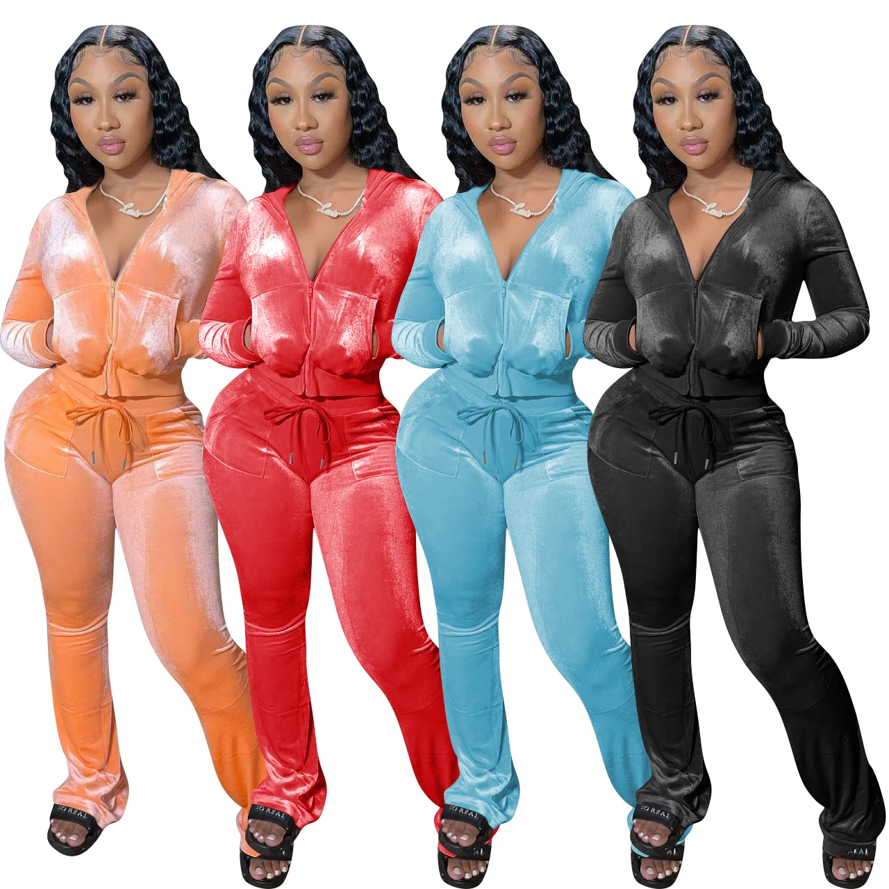 

women 2 Pcs pants Sweatsuit sexy velvet women crop top jacket and bell-bottoms trousers Two Piece hooded velvet tracksuit, Picture shows