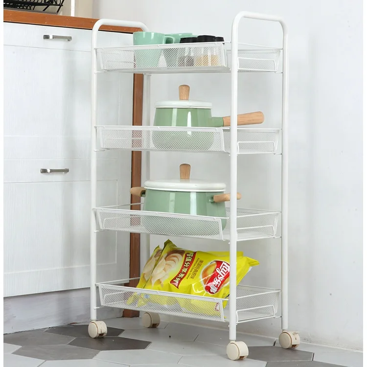 

Multifunctional Cheap 2/3/4-Tiers Carbon Steel Basket Metal Cart Storage Rack, White/black