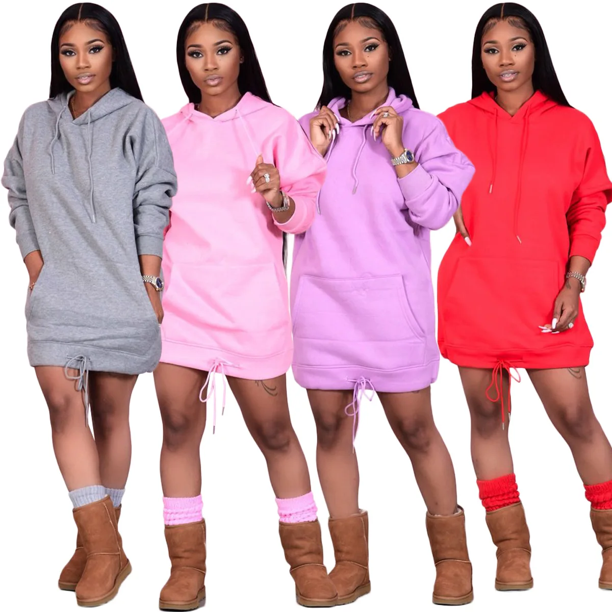 

2021 fashion plain pockets pullover casual Hoodies women long sleeve hoodies dress, Different color