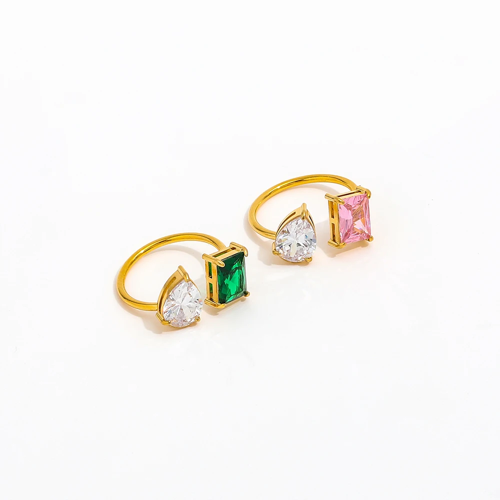 Stone Not Fall 18K PVD Gold Clear Pink Green Big Cubic CZ Adjustable Stainless Steel Open Ring Fashion Jewelry