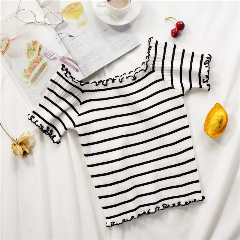 

2019 Stripe Square Collar Cropped T-shirt New Female Students Short Sleeve Crop Tops For Wholesale Factory Price Women Clothing