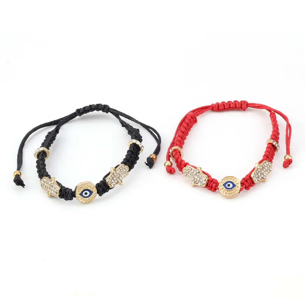 

New Arrival Adjustable Braided CZ Hand Shaped Evil Eyes Bracelet Handmade Woven Red Rope String Crystal Eyes Bracelet