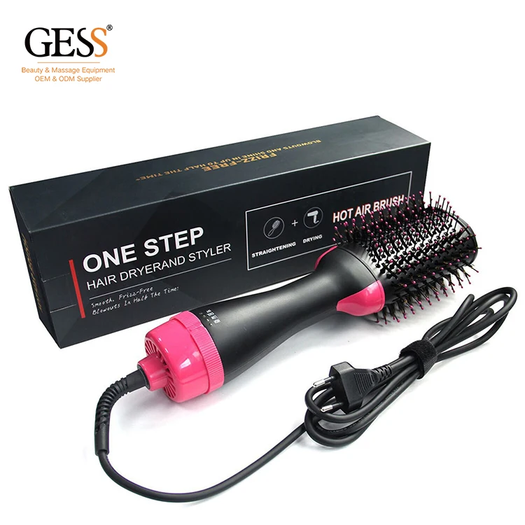 

GESS One Step Hair Dryer Volumizer Salon Hot Air Paddle Styling Brush Negative Ion straight Hair Straightener Curler Comb, Black + pink