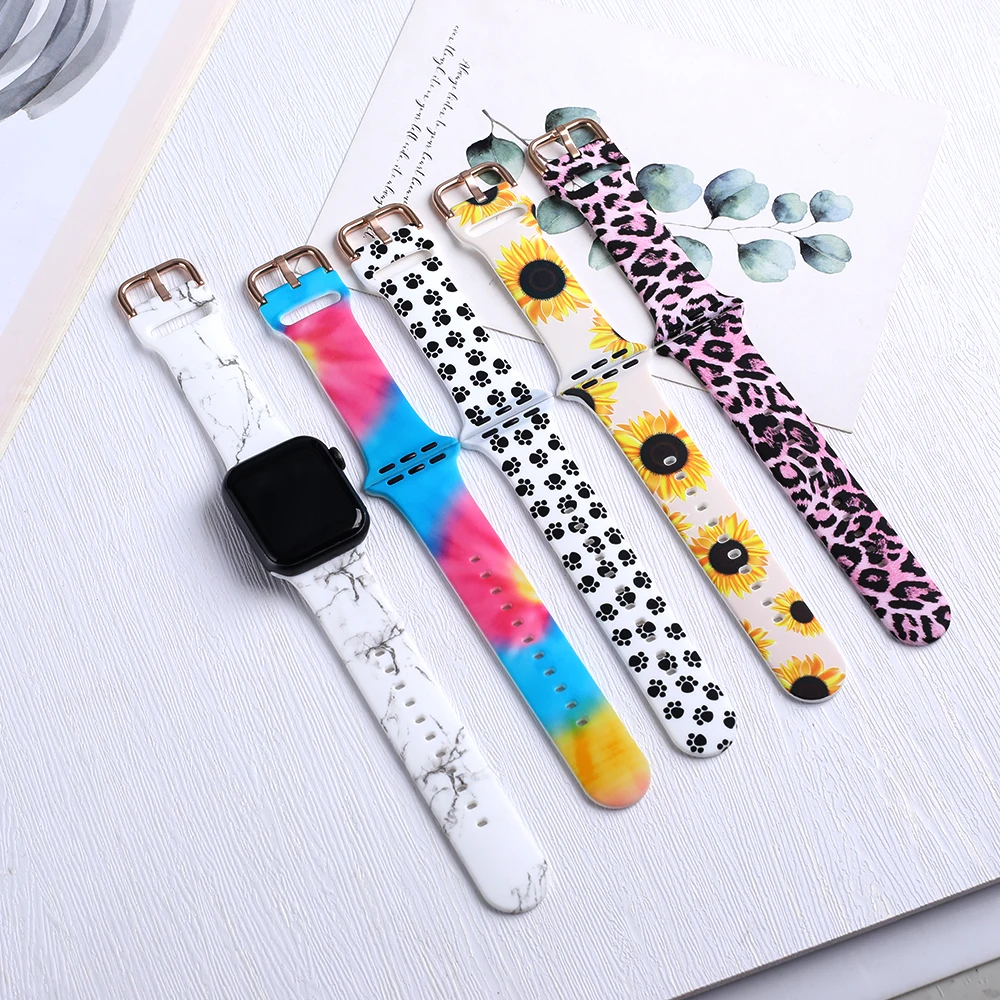 

BOORUI leopard printed silicone watch band for apple watch series 6 band flower smart watch strap 44 mm for iwatch, 22 colors