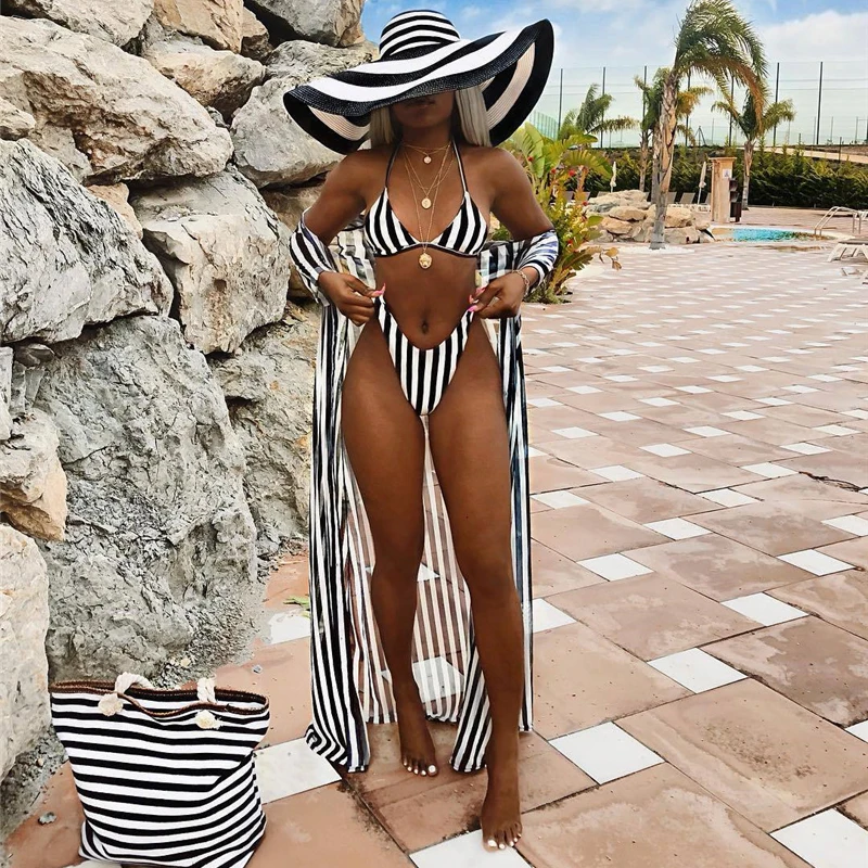 

2021 Beachwear Striped Bikini Set With Beach Cover Ups Women Bathing Suit Three Pieces Swimsuit