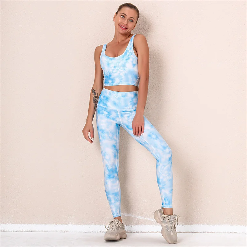

Wholesales activewear 2 Piece Suit Work Out Running Gym Tie-dye Workout Bra and Seamless Yoga Leggings Set, Picture shows