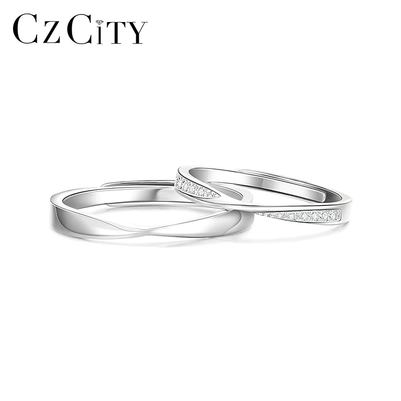 

CZCITY Silver 999 Jewelry Adjustable Geometric Pure S999 Sterling Silver Pair Eternity Promise Couple Wedding Ring Set