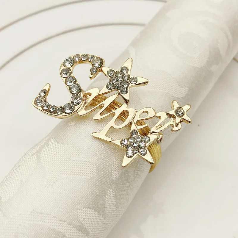 

Upscale hotel western food letter wedding diamond studded metal napkin ring wholesale, Gold