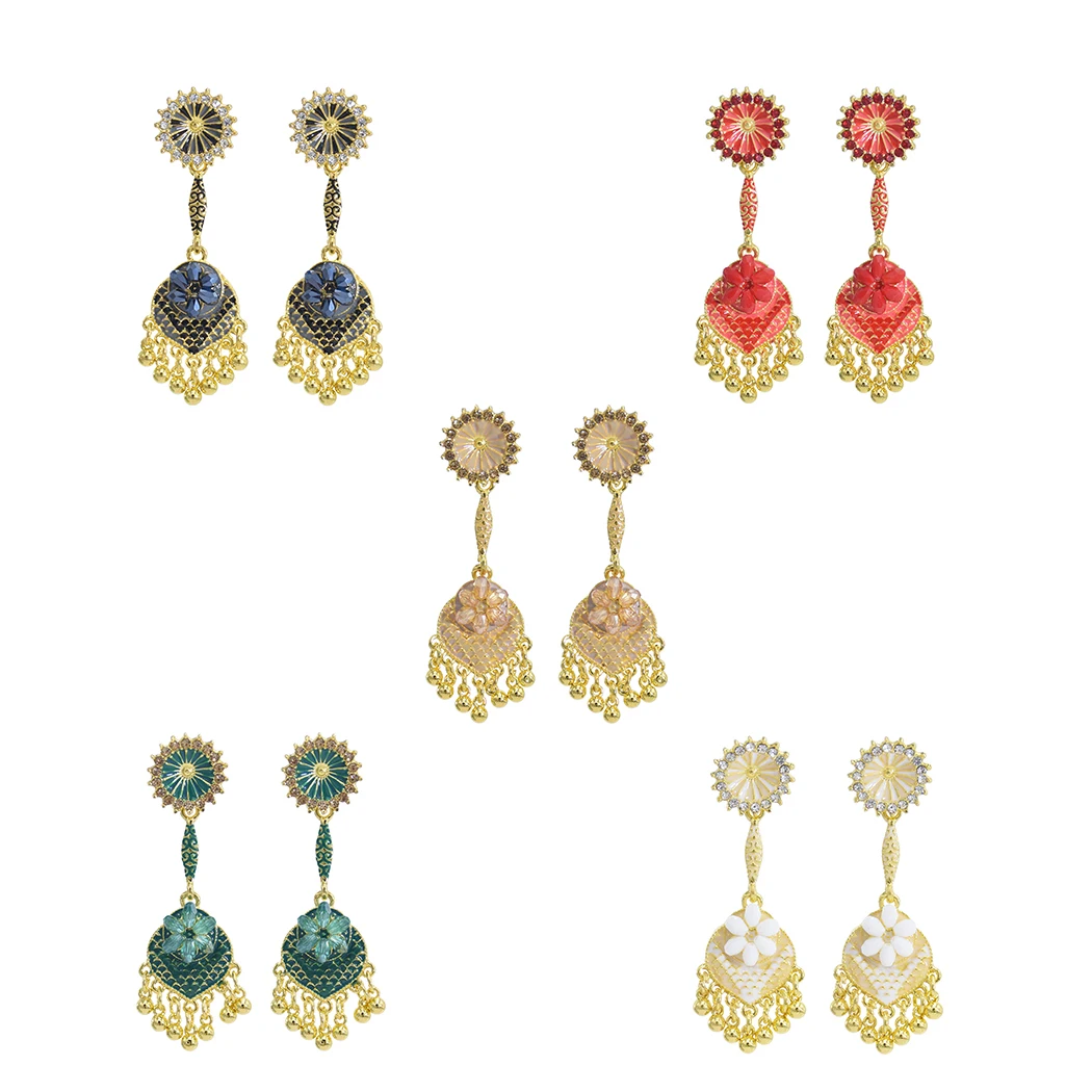 

Indian Jhumka Earrings for Women Gold Metal Flower Crystal Bells Tassel Earring Party Jewelry Gift, White,black,red,green,brown