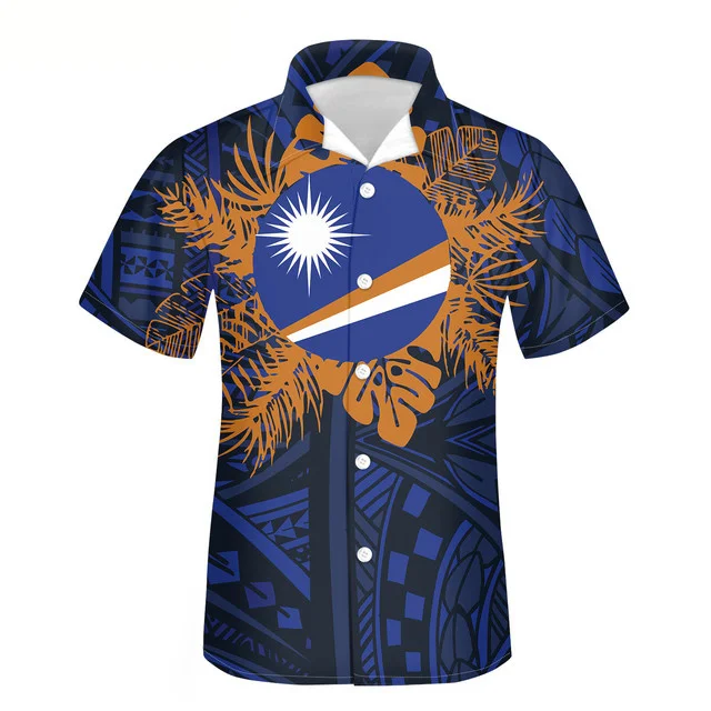 

Polynesian Kwajalein Flag Tribal Pattern Men Collar Shirts Casual Custom Shirts for Men Summer Plus Size Men Button Up Shirt, Customized color