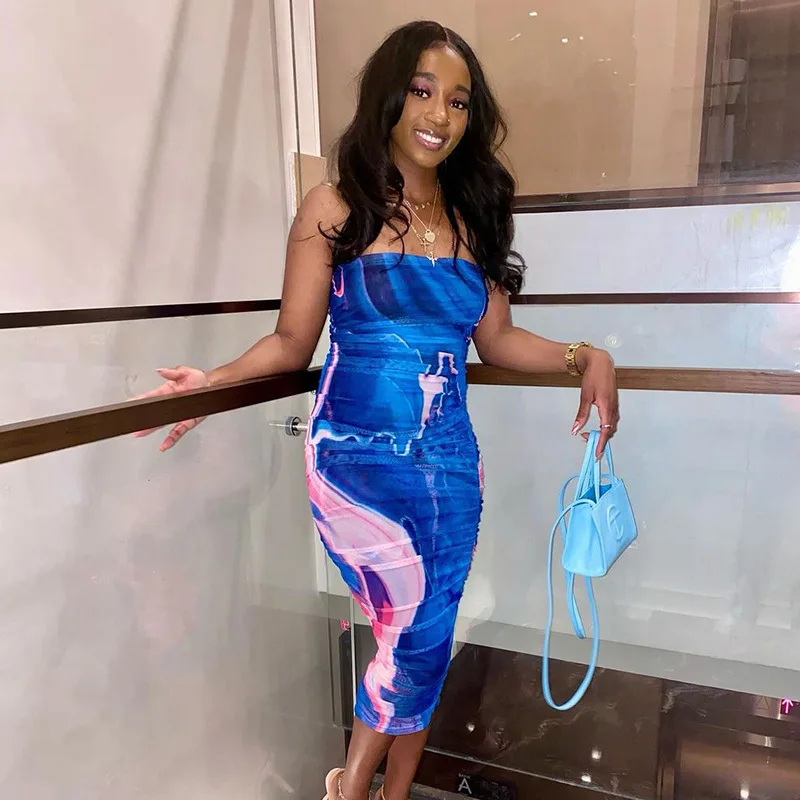 

Summer new style water ripple contrast printing tube top slim mid length dresses