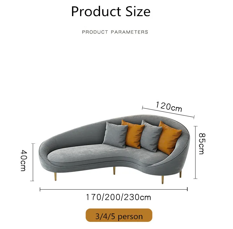Modern Single Sofa C Shape Double 3/4/5 Seat+coffee Table Set Velvet Metal Legs Design Sofa