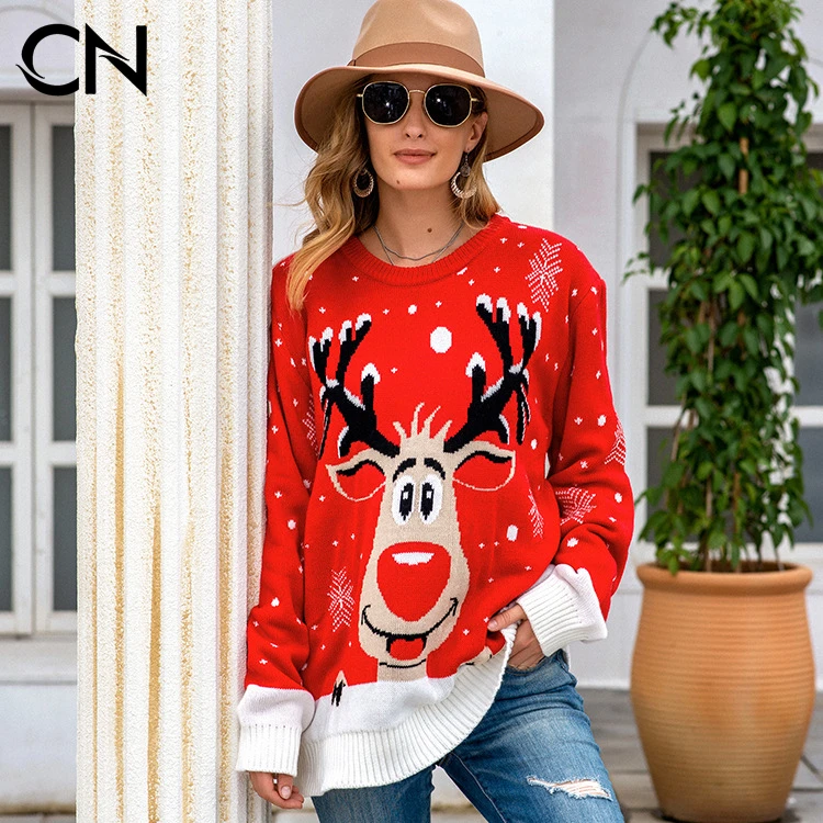 

CaiNan wholesale christmas holiday women's christmas sweater loose pullover elk jacquard christmas sweater
