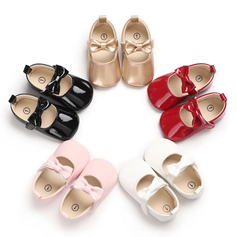 

New arrival fashional pu leather Bowknot 0-18 months new born Party ballet baby girls dress shoes, 5 colors