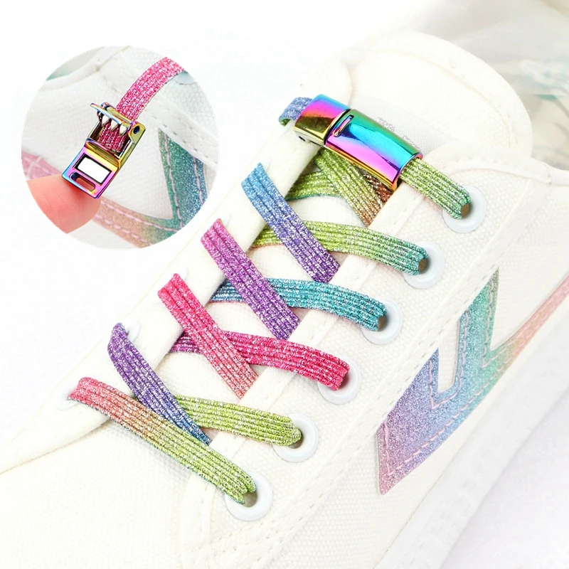 

Elastic Rainbow Flat Shoelaces Lazy Lace Shoe Accessories Magnetic Metal Lock No Tie Shoelace Children And Adults, 25 colors