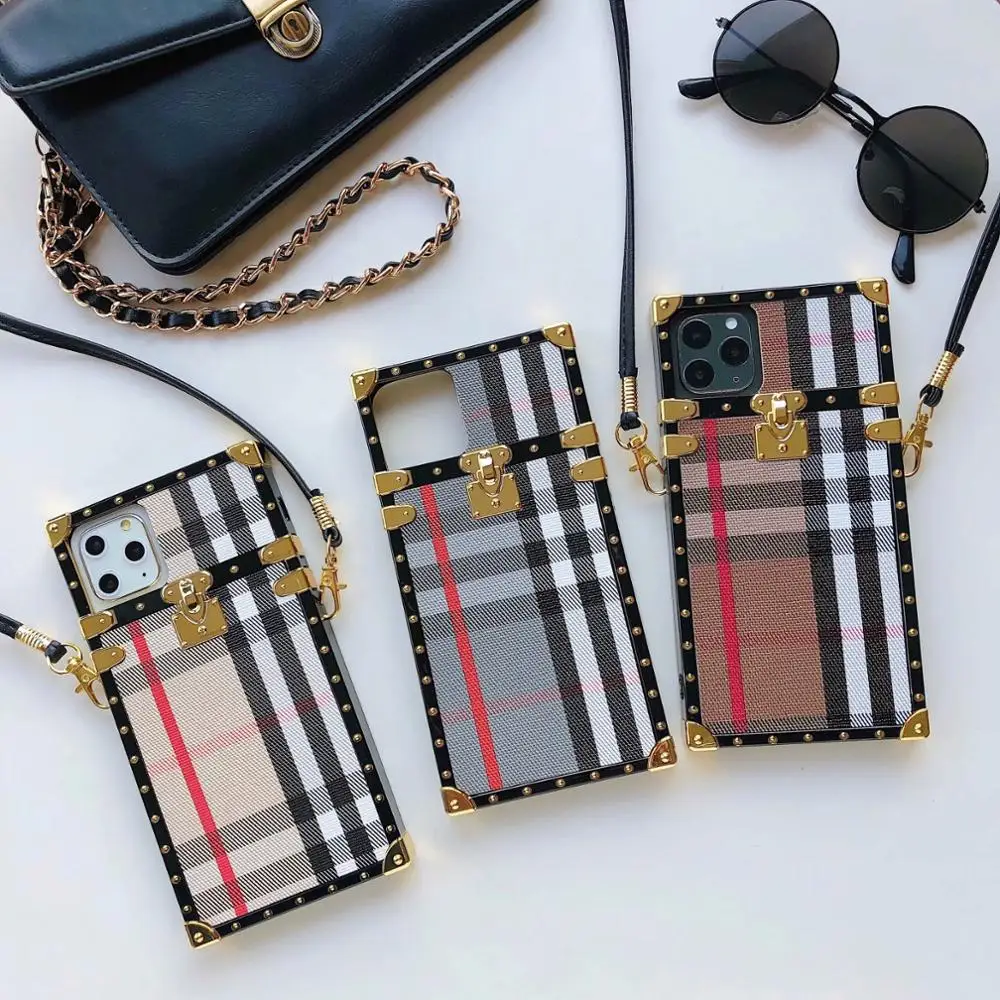 

luxury Best Selling for iPhone 12 Luxury Designer Square Leather Case Cover with Strap For iPhone 11 Pro XR XS Max 8 Plus Girls