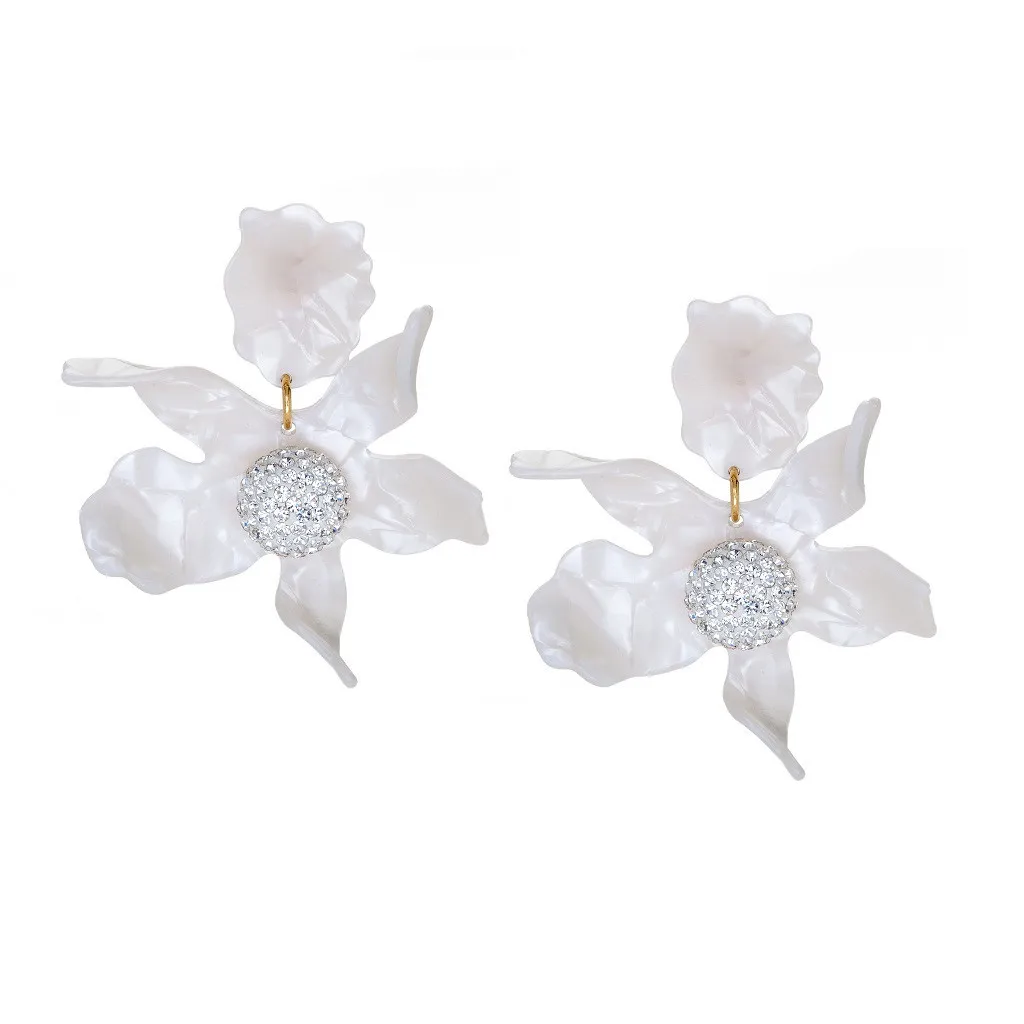 

2021 Sailing Jewelry Bohemian Resin White Flower Crystal Earring Clip Ring Set Big Floral Earring Ring Set