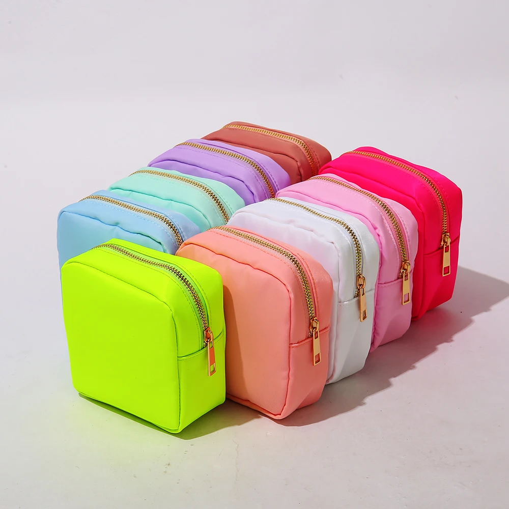 

stock New candy color nylon pouch cosmetic bag can be customized Neon make up bag with Chenille letter patches, Customized color