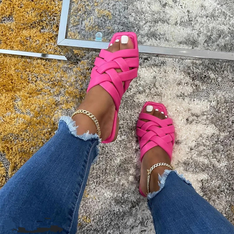 

Summer New 2022 Fashion Ladies Weave top Rose red Outdoor Cool Women Slides Slippers, 3 colors