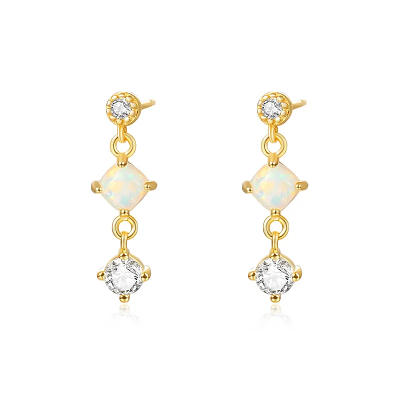 

Elegant Cute 925 Sterling Silver 18K Gold Zircon Opal Gemstone Setting Dangle Dangling Drop Stud Earrings