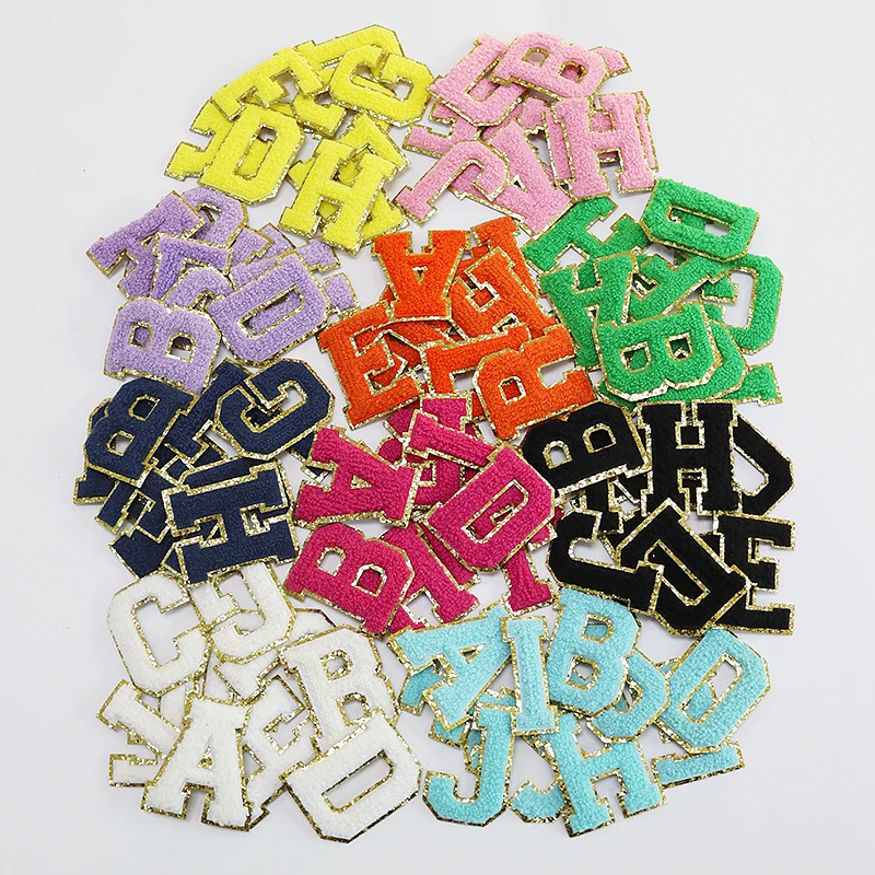 Hot Sale Various Colors A-Z Glitter Chenille Patches Iron on Hat Letter Embroidery Patches for Clothing